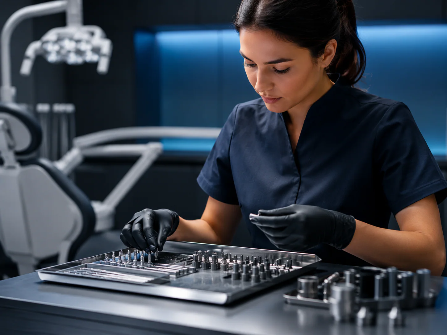 Profissional de odontologia organizando componentes em ambiente clínico